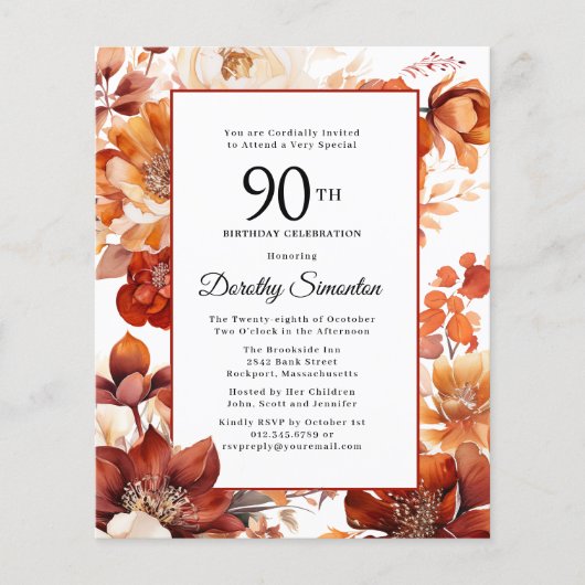 Papier Budget Automne Fleurs 90e anniversaire Invitation (Devant)