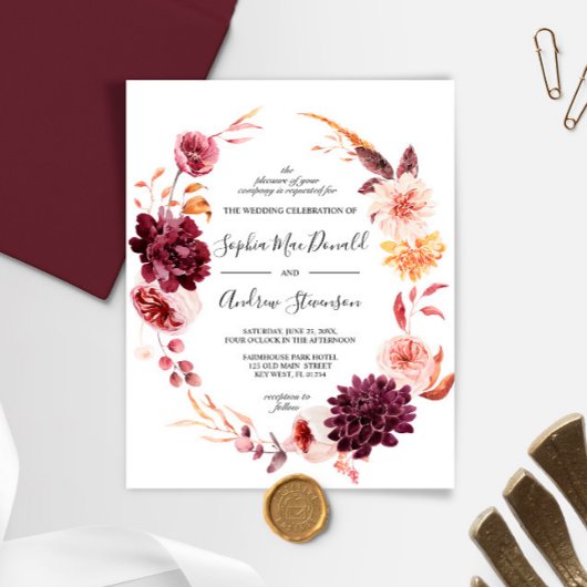 Papier BUDGET Automne Fleurs Bourgogne Mariage de couronn