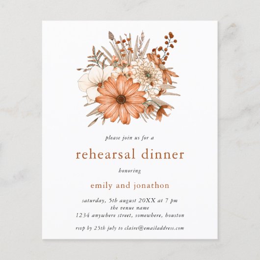 Papier Budget Automne Florals Répétition Dîner Invitation (Devant)