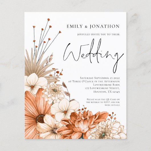 Papier Budget Autumnal Florals Script Wedding Invitation (Devant)