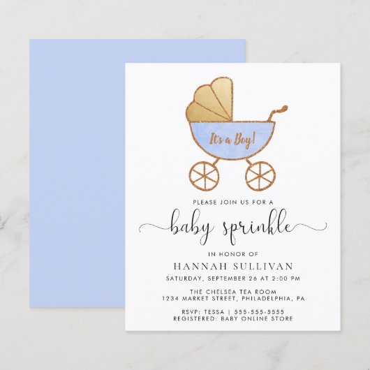 Papier Budget Baby Boy Sprinkle Blue Carriage Invitation (Devant / Derrière)