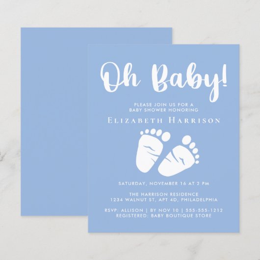 Papier Budget Baby Feet Boy Blue Shower Invitation (Devant / Derrière)
