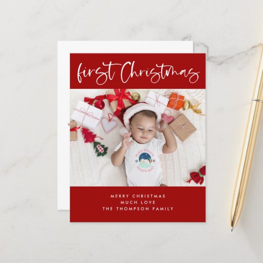 Papier Budget Baby First Christmas Photo Small Flat Card (Devant/Arrière en situation)