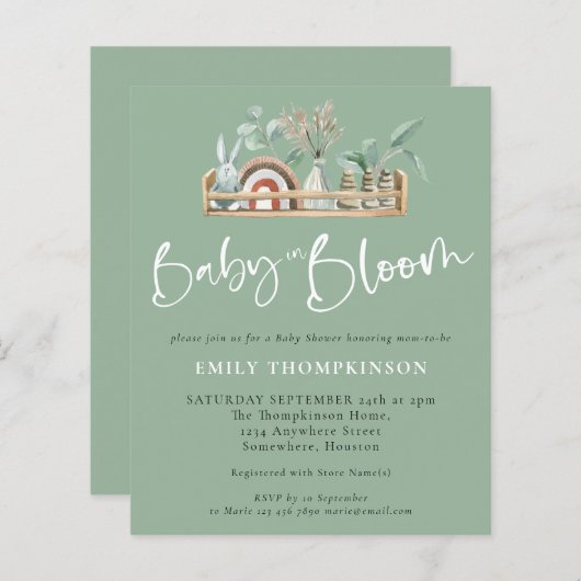 Papier Budget Baby In Bloom Boho Sage Baby shower Invitat (Devant / Derrière)