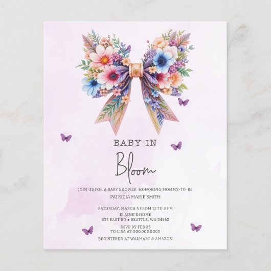 Papier Budget Baby in Bloom Bow Girl Baby shower Invitati (Devant)