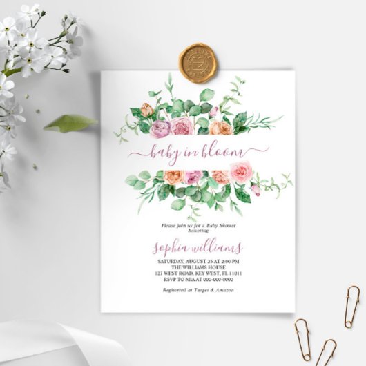 Papier Budget Baby in Bloom Purple Rose Shower Invitation