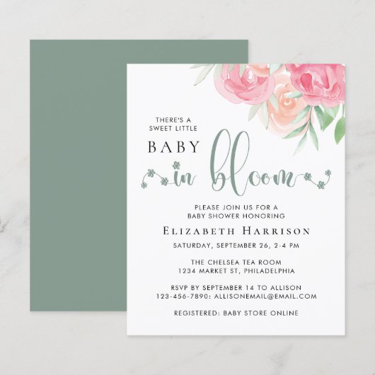 Papier Budget Baby in Fleur Rose Floral Douche Invitation (Devant / Derrière)