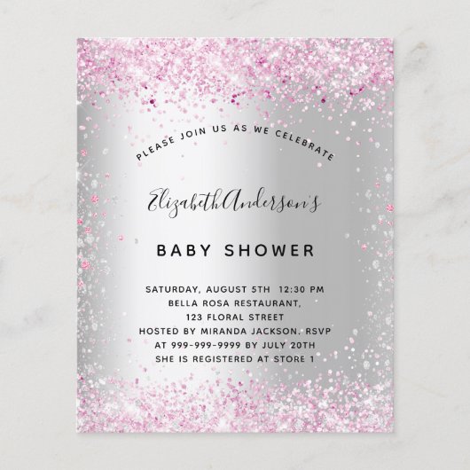 Papier Budget baby shower argent rose fille invitation (Devant)