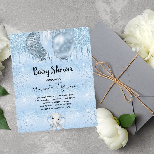 Papier Budget Baby shower bleu éléphant garçon invitation