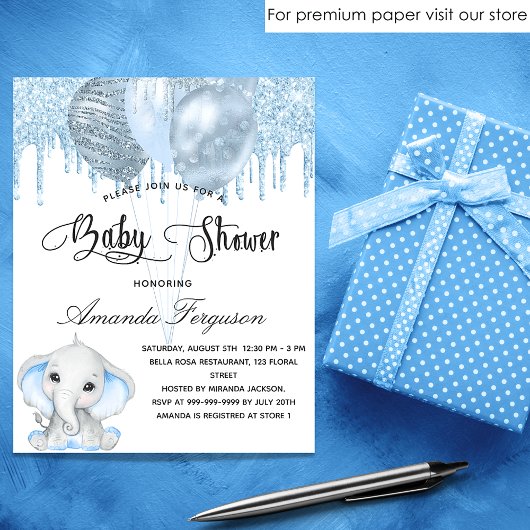 Papier Budget Baby shower éléphant garçon bleu invitation