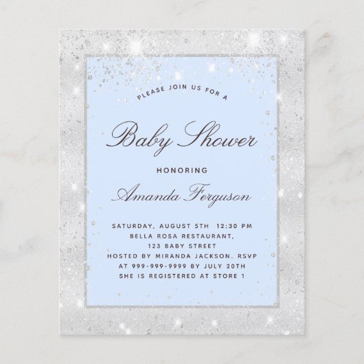 Papier Budget Baby shower garçon argent bleu invitation (Devant)