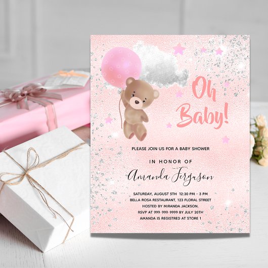 Papier Budget Baby shower ours en peluche fille rose arge