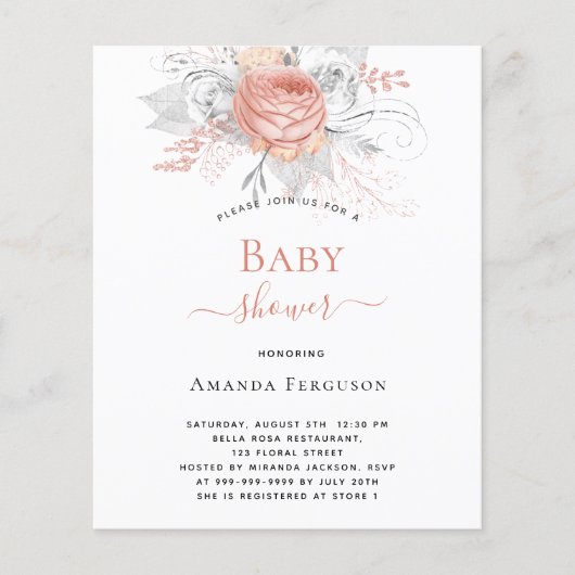 Papier Budget Baby shower rose or floraux argent blanc (Devant)