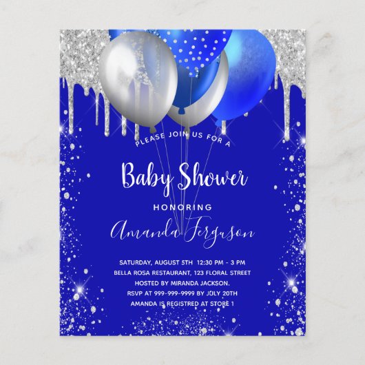 Papier Budget baby shower royal bleu argent invitation (Devant)