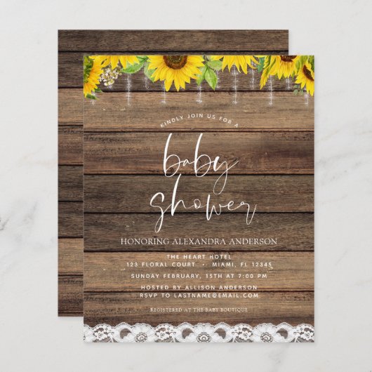 Papier Budget Baby Shower Rustic Sunflower Invitation (Devant / Derrière)