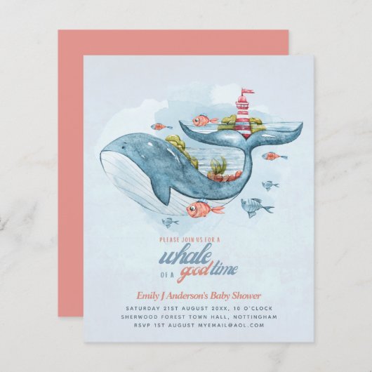 Papier BUDGET Baby shower Sea Life Whale Boys Invitation  (Devant / Derrière)