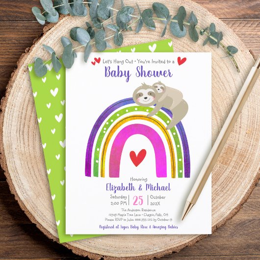 Papier Budget Baby shower Sloth Rainbow Modern Invitation