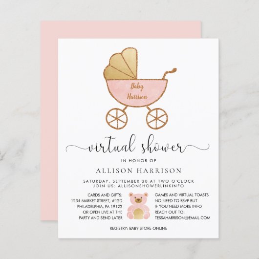 Papier Budget Baby shower virtuel Retro Carriage rose (Devant / Derrière)