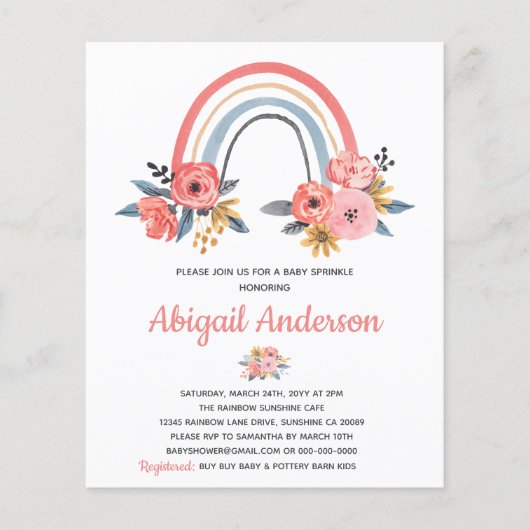 Papier Budget Baby Sprinkle Rainbow Floral Invitation (Devant)