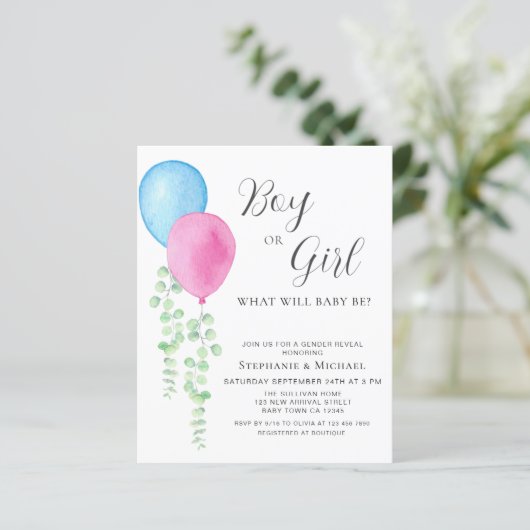 Papier Budget Ballons bleu rose Invitation de déclaration (Debout devant)