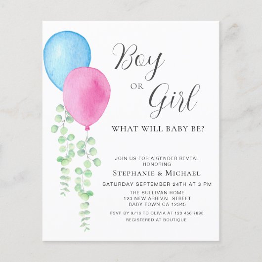 Papier Budget Ballons bleu rose Invitation de déclaration (Devant)