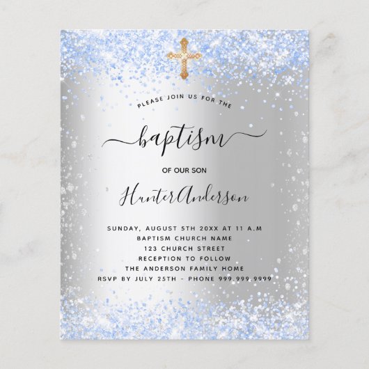 Papier Budget baptême argent bleu parties scintillant inv (Devant)