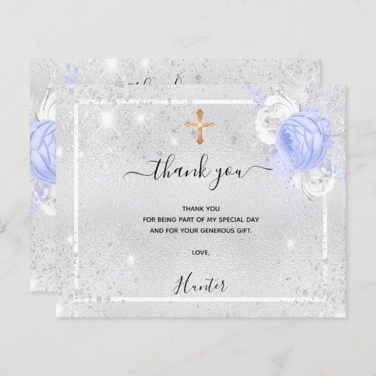 Papier Budget Baptême argent photo garçon bleu remercieme (Devant / Derrière)