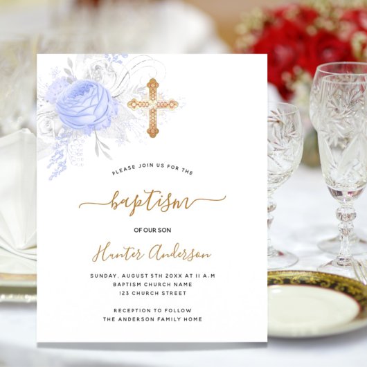 Papier Budget Baptême bleu clair floraux garçon blanc