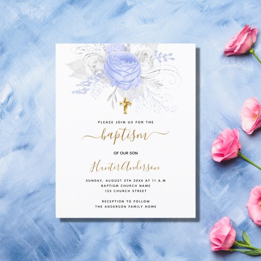 Papier Budget Baptême bleu clair floraux garçon blanc