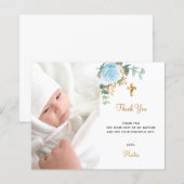 Papier Budget baptême bleu floral photo garçon merci (Devant / Derrière)