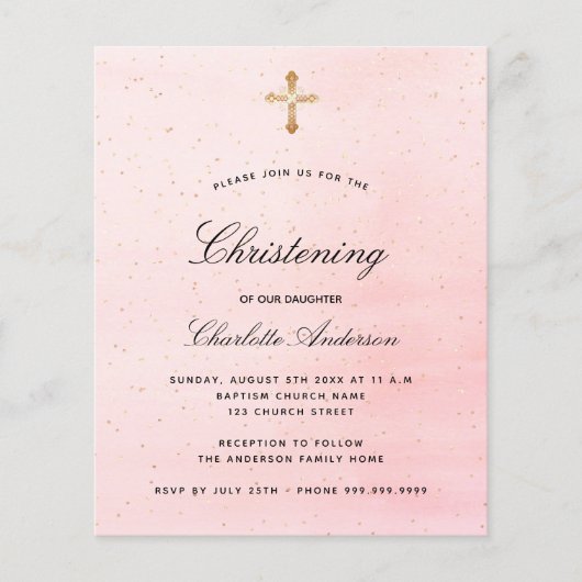 Papier Budget baptême blush rose or fille invitation (Devant)