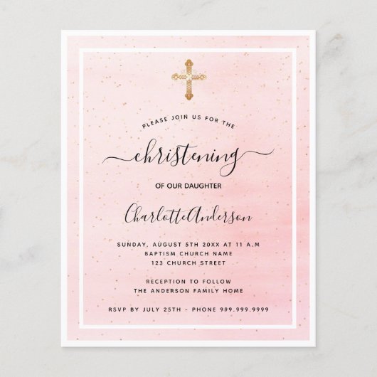 Papier Budget baptême blush rose or fille invitation (Devant)