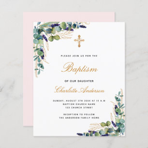 Papier Budget Baptême eucalyptus invitation verte rose