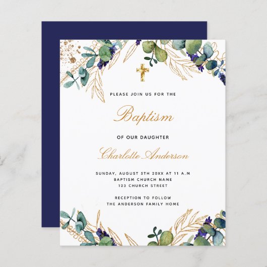 Papier Budget baptême eucalyptus marine invitation bleue (Devant / Derrière)