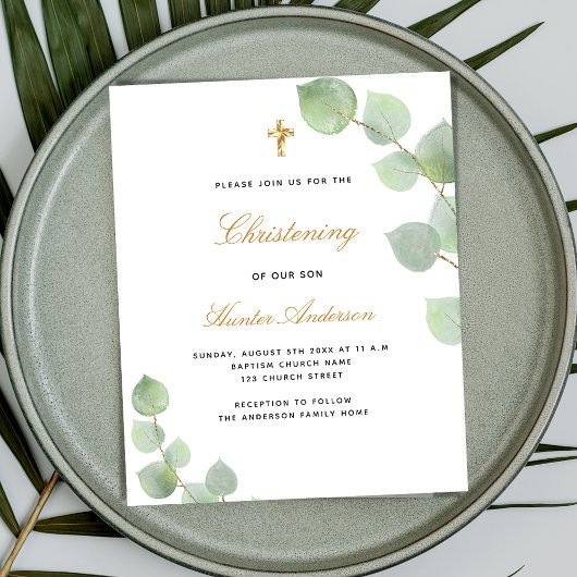 Papier Budget baptême eucalyptus or bleu invitation