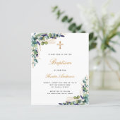 Papier Budget Baptême eucalyptus vert invitation bleue (Debout devant)