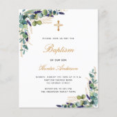 Papier Budget Baptême eucalyptus vert invitation bleue (Devant)