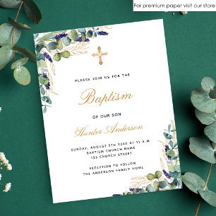 Papier Budget Baptême eucalyptus vert invitation bleue