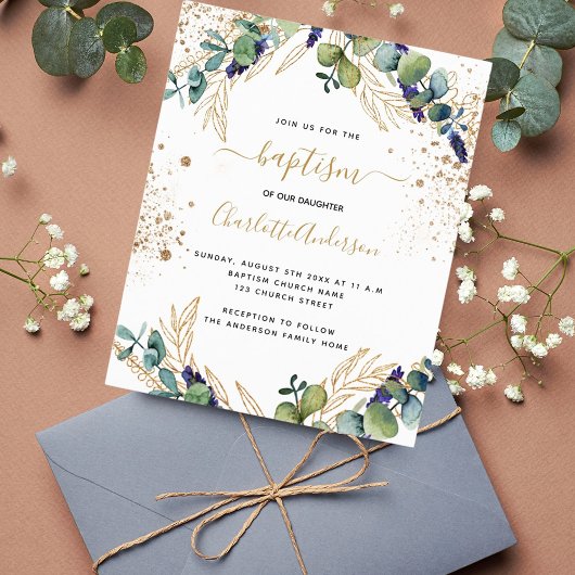 Papier Budget baptême eucalyptus vert invitation or