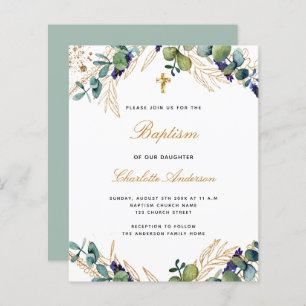 Papier Budget baptême eucalyptus vert invitation or
