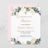 Papier Budget baptême eucalyptus vert invitation rose (Devant / Derrière)