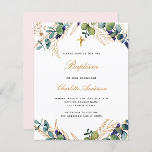 Papier Budget baptême eucalyptus vert invitation rose