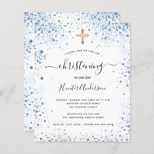 Papier Budget baptême garçon bleu blanc invitation (Devant / Derrière)