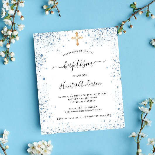 Papier Budget baptême garçon bleu blanc invitation