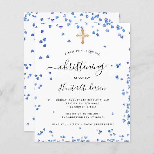 Papier Budget baptême garçon bleu coeur invitation (Devant / Derrière)