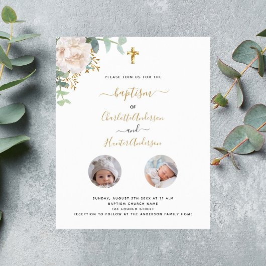 Papier Budget Baptême jumeaux blanc floral invitation pho