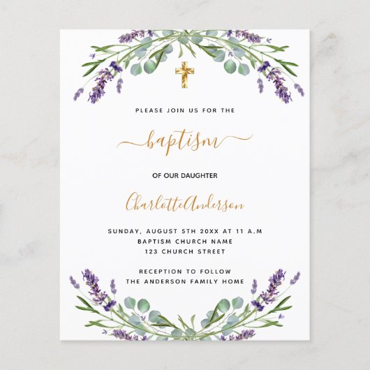 Papier Budget baptême lavande eucalyptus invitation (Devant)