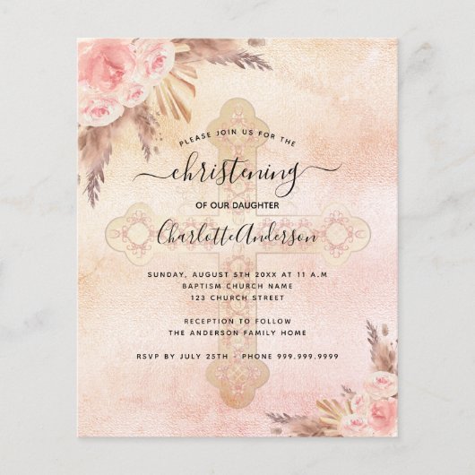 Papier Budget baptême pampas blush invitation croix (Devant)