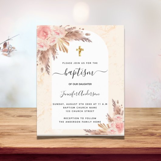 Papier Budget Baptême pampas herbe rose or blush marbre