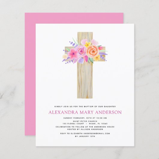 Papier Budget Baptême Pastel Floral Rose Croix (Devant / Derrière)